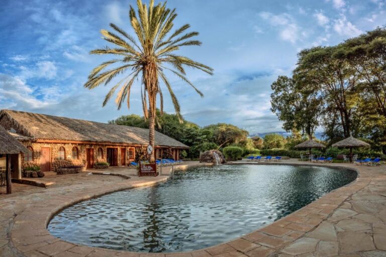La piscina del Amboseli Sopa Lodge, con una palmera, sombrillas de paja y un edificio de piedra