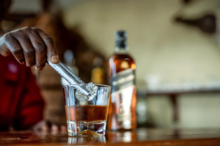 Una mano deja un cubito de hielo en un vaso de whisky, sobre la barra del bar