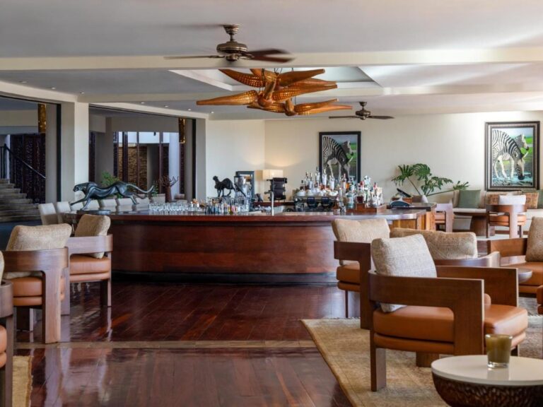 Un bar con barra curva de madera, sillones de cuero y dos cuadros de cebras