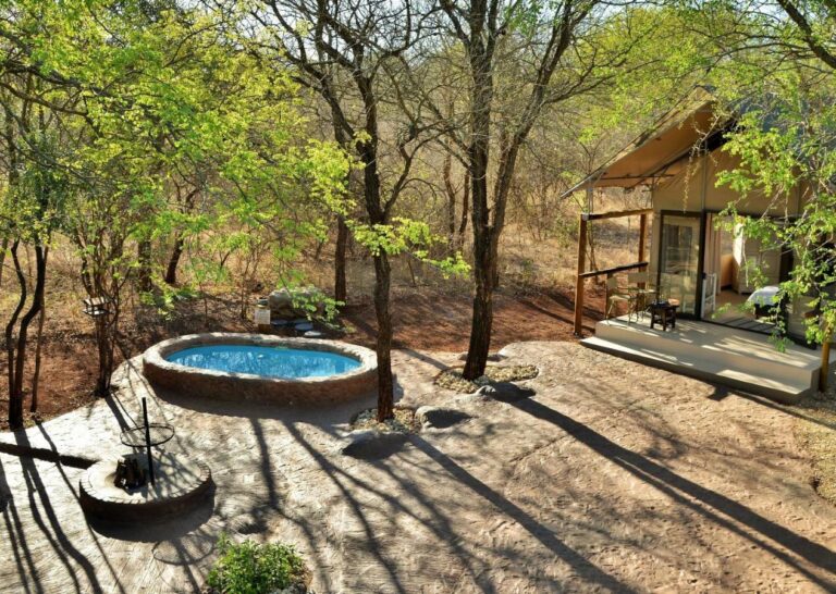 Una tienda entre los árboles, con su terraza, su piscina redonda y su brasero para barbacoa