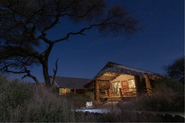 Una tienda bajo su techo de paja, iluminada de noche bajo un cielo estrellado