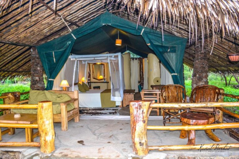 La entrada de una tienda del Kibo Safari Camp bajo un techo de paja, con su terraza y sus sillones de madera
