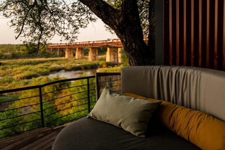 Un banco curvo en una terraza, bajo un gran árbol, frente al puente y al río
