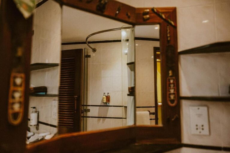 La ducha acristalada de un baño, vista en un espejo con marco de madera tallada