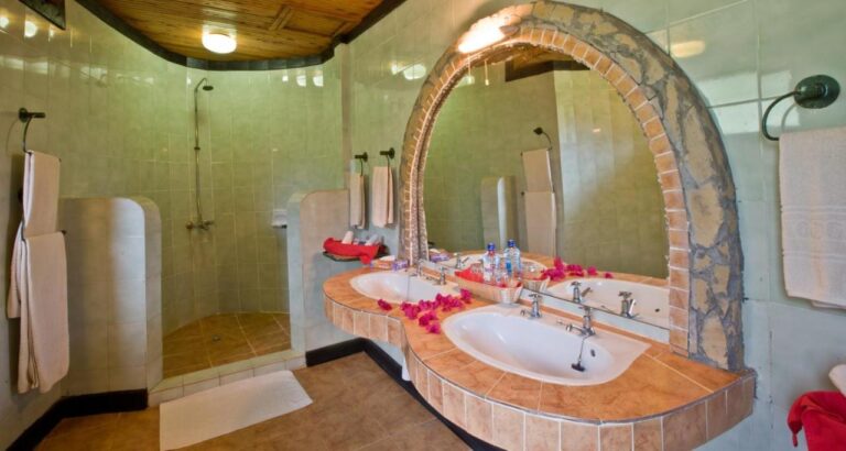 Un baño con dos lavabos sembrados de pétalos y una ducha detrás de un murete