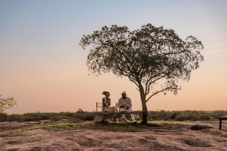 Una pareja sentada en un banco bajo un árbol, sobre una losa de roca, bajo un cielo rosa