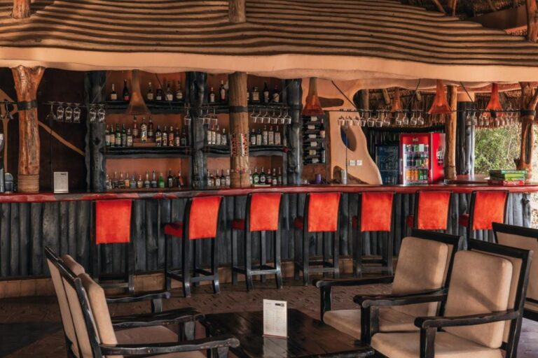El bar, sus taburetes rojos y sus estantes de botellas, con sillones en primer plano