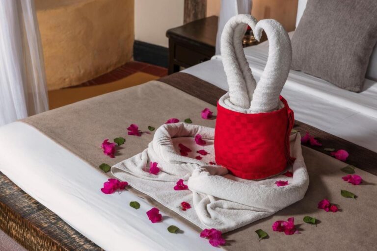 Dos cisnes hechos con toallas formando un corazón sobre una cama sembrada de pétalos fucsia