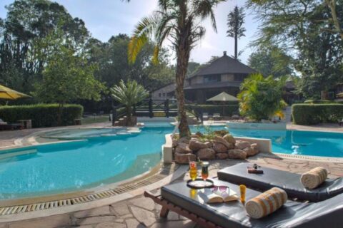 La piscina en forma de laguna del Sarova Mara Game Camp, alrededor de un islote de rocas con una palmera