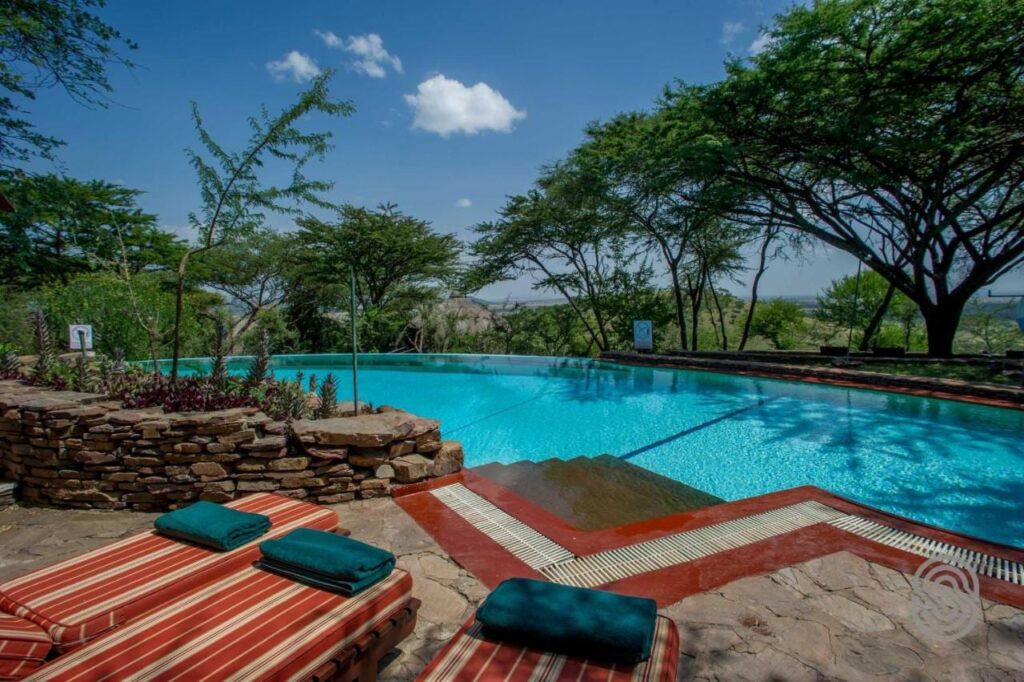 La piscina infinita del Serengeti Serena Safari Lodge, sus tumbonas de rayas rojas y sus toallas verdes, bajo las acacias