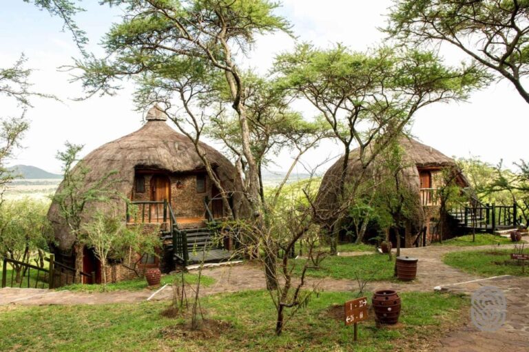 Dos cabañas redondas del Serengeti Serena Safari Lodge, bajo su techo de paja en cúpula, entre las acacias
