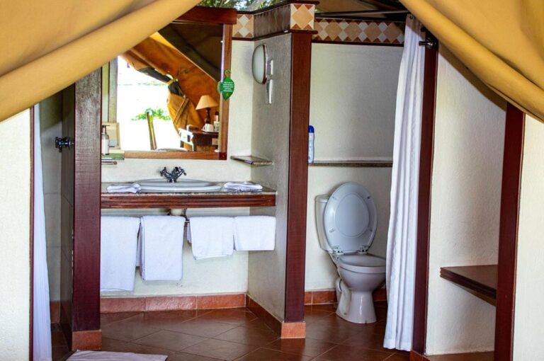 El baño de una tienda, con lavabo, inodoro y cortina de ducha