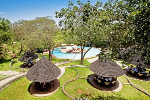 La piscina del Tarangire Sopa Lodge y sus palapas con techo de paja, entre los árboles