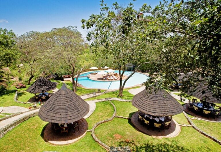 La piscina del Tarangire Sopa Lodge y sus palapas con techo de paja, entre los árboles