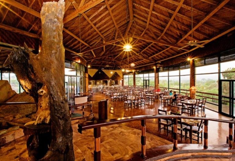 El restaurante del lodge, con sus mesas abiertas a la sabana y un tronco de árbol en el centro