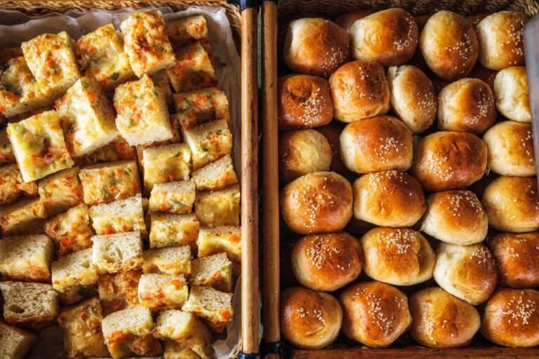 Panecillos y dados de pan tostado recién salidos del horno