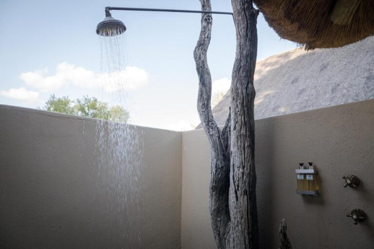 Una ducha al aire libre, entre paredes color crema y un tronco de árbol seco, bajo el cielo